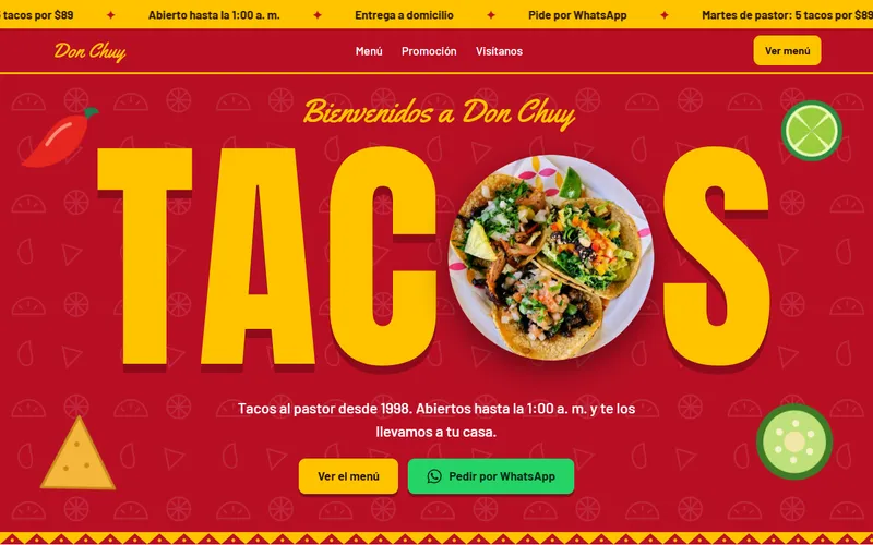 Portada de la página de ejemplo de la taquería Tacos Don Chuy